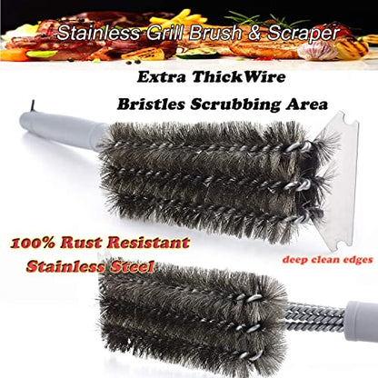 Grill Brush and Scraper-Best BBQ Brush for Grill Outdoor, 18" Stainless Steel with Wire Bristles 3 in 1 Bristles Grill Cleaning Brush - Gifts for Grilling Enthusiasts & Men Dad - color: Gray