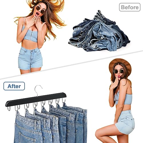 Jean Hangers for Closet, 14 Wood Jeans Hooks Space Saving, 180° Rotating Jean Hangers for Skirts/Shorts/Belts/Ties, Closet Organizers and Storage, Pants Hooks for Jeans, 2 Pack, Black - color: Black