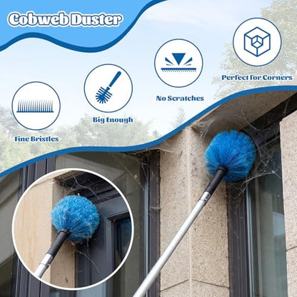 Boat Brush and Boat Hook with 12ft Telescoping Pole, 4 Piece Cleaning Kit with Replaceable Heads, 2-in-1 Window Squeegee & Cobweb Duster for Marine, Rv & High Reach Cleaning - size: 12ft