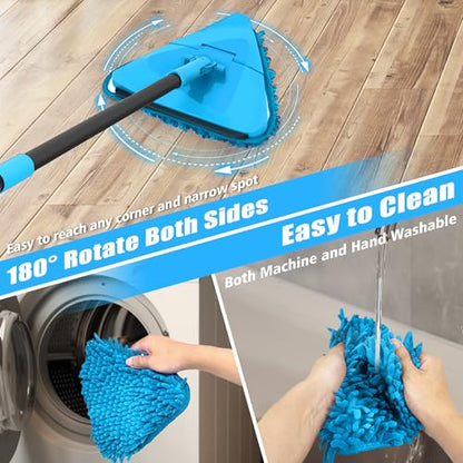 NEWE Wall Mop Cleaner with 80 Inch Long Handle, 180° Folding Ceiling Cleaner with Squeegee, Cabinet Cleaning Tool, Wall Scrubber, Triangle Baseboard Scrubber, 4 Chenille Duster & 2 Microfiber Pads - color: Blue