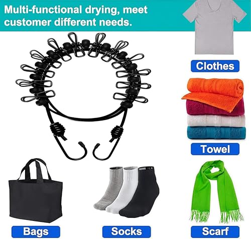 1 Pack Portable Clothesline with 12 Clothespins, Travel Clothesline Stretchy Retractable Elastic Laundry Clothes Line for Backyard, Vacation Hotel, Balcony Clothes Drying Line (Black) - style: Black