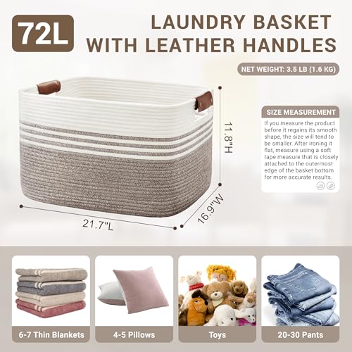 72L Woven Laundry Basket Hamper with Leather Handles,Dark Brown - color: Dark Brown, size: 72L