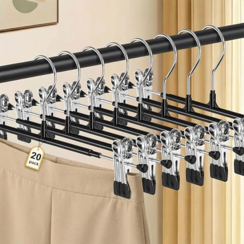 POZEAN Pants Hangers with Clips for Women, Adjustable Heavy Duty Skirt Hangers, Space Saving Non-Slip Shorts Jeans Trousers Clothes Hangers (Pink, 20Pack) - color: Pink, size: 20Pack