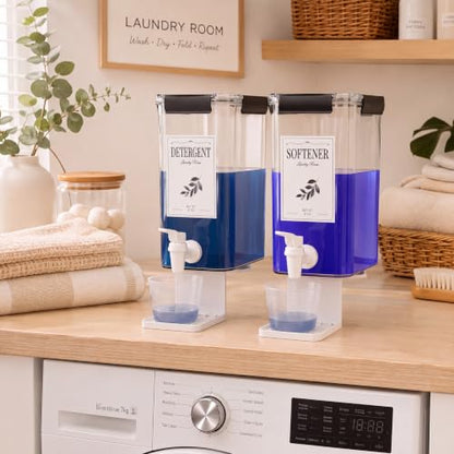 Soaoo 2 Pcs Laundry Detergent Dispenser 87 oz Liquid Soap Dispenser with Faucet for Laundry Room 2 Liquid Detergent Holder with Labels and 2 Measuring Cup Fabric Softener Container - size: 87 oz