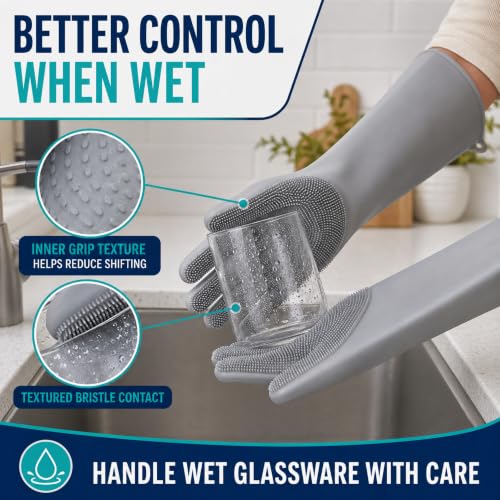 Silicone Dishwashing Gloves with Scrubber Bristles, Food-Grade Cleaning Mitts for Kitchen Dishes, Pet Grooming & Car Wash - color: Grey