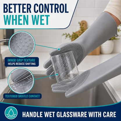 Silicone Dishwashing Gloves with Scrubber Bristles, Food-Grade Cleaning Mitts for Kitchen Dishes, Pet Grooming & Car Wash - color: Grey