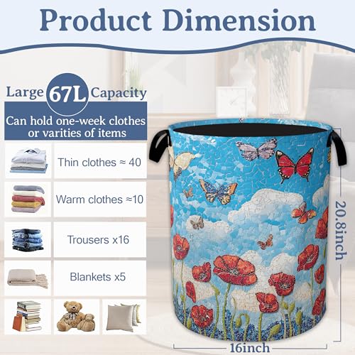 Vintage Poppy Flowers Laundry Basket,Foldable Waterproof Oxford Cloth Tote Bag Butterfly Laundry Hamper with Handles,20.8"x16" Clothes Storage Bucket Organizer for Laundry Room, Bathroom, Bedroom - color: Vintage Poppy Flowers Butterfly