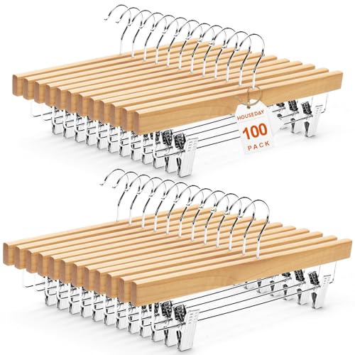 HOUSE DAY Wooden Pants Hangers with Clips, 100 Pack Skirt Hangers, Natural - color: Natural, size: Pack of 100