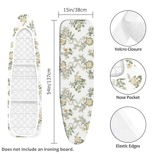 Padded Ironing Board Cover, 15 * 54 in Standard Size Ironing Board Covers, Easy Hook and Loop Fastener, Universal Fit for Standard Boards - color: Green Flowers