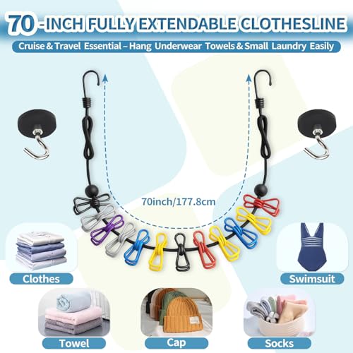 Magnetic Clothes Line for Cruise Ship, Upgraded Magnetic Travel Clothesline Essential, 2Pack Super Rubber Non-Scratch Magnets, Portable Clothesline for Cruise Ships Cabin, Hotel, RV and Camping