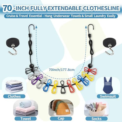 Magnetic Clothes Line for Cruise Ship, Upgraded Magnetic Travel Clothesline Essential, 2Pack Super Rubber Non-Scratch Magnets, Portable Clothesline for Cruise Ships Cabin, Hotel, RV and Camping
