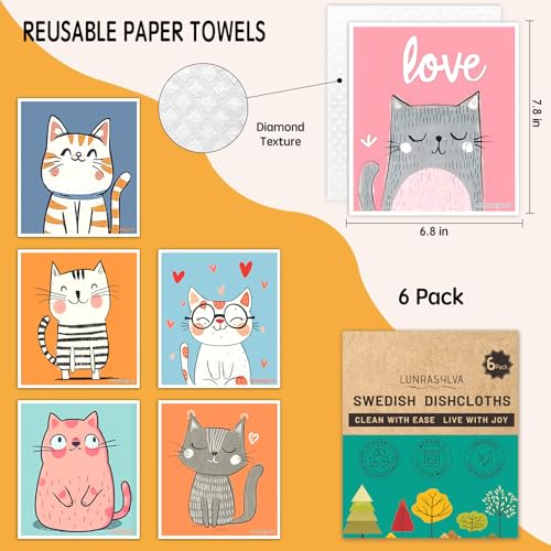 Swedish Dishcloths 6 Pack, Reusable Paper Towels Super Absorbent and Quick Drying for Kitchen, Biodegradable Washable Dish Towels Dishwasher Safe, Premium Cleaning Cloths with Watercolor Design (Cat) - color: Cutecat Theme