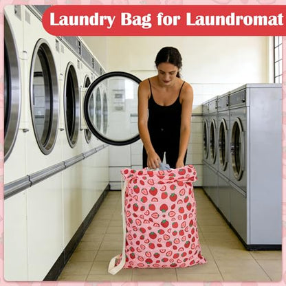 Canvas Laundry Bag with Shoulder Strap Drawstring, Strawberry, 23"W x 29"H - color: Strawberry