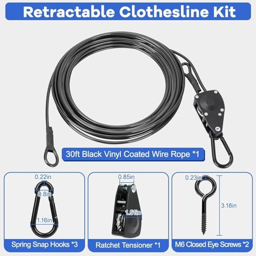TooTaci 15ft Outdoor Clothesline Kit, 3/16" Black PVC Coated Wire Rope - size: 15ft