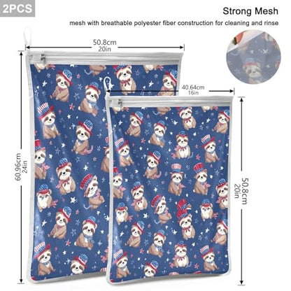 Mesh Laundry Bags Lingerie Bags for Washing Delicates 2 PCS Durable Wash Bag with Zipper Small and Medium Washable 4th July Sloths Blue - color: 4th July Sloths Blue