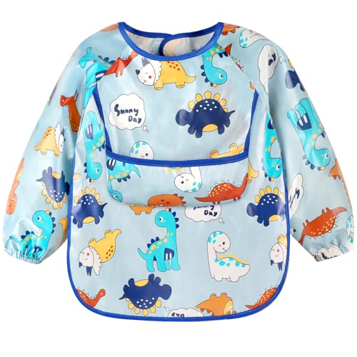 Accmor 4 Pack Long Sleeve Baby Bibs, Waterproof Sleeved Bibs for Eating Feeding, Toddler Baby Girls Boys Smock Bibs - color: Reversible Pocket-dinosaurs/Animals/Ocean/Rabbit ﻿
