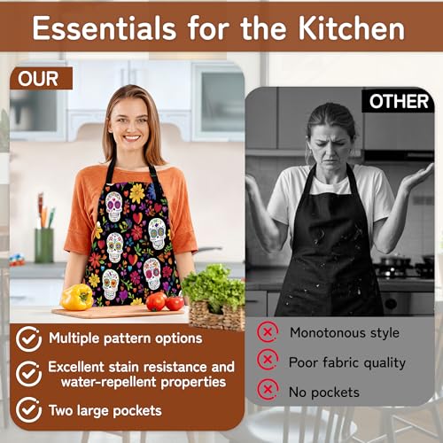 Cooking Aprons for Men and Women,Adjustable Bib Chef Apron with 2 Pockets, Soft and Durability Kitchen Apron - color: Mexican Skull Sugar Skull Day of the Dead