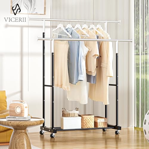 VICERII Double Clothing Rack, 130LB Capacity Heavy Duty Garment Rack with Wheels and Bottom Shelf, 55.51 Inch Long Rolling Clothes Racks for Hanging Clothes, Black - color: Black, size: Double