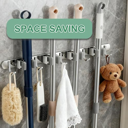 Saihisday Broom Holder Wall Mount, Stainless Steel Mop and Broom Organizer, Heavy Duty Storage Rack with 4 Racks 5 Hooks for Garage Kitchen Laundry Room Garden Bathroom(Gray) - color: Gray