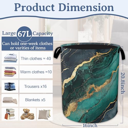 Marble Laundry Basket,Foldable Oxford Cloth Green Gold Flowing Marble Laundry Hamper With Handle, 20.8"x16" Portable Clothes Storage Basket Bag for Laundry Room/Bathroom/Bedroom/Dormitories - color: Green Gold Flowing Marble