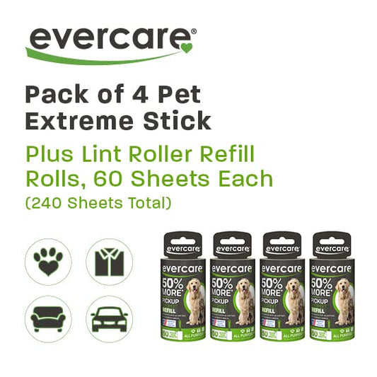 Evercare Pack of 4 Pet Extreme Stick Plus Lint Roller Refill Rolls - size: Pack of 4 (240 Sheet Count)