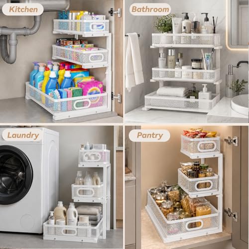 3-Tier Under Sink Organizer 2-Pack Organization for Bathroom Kitchen,White - color: White