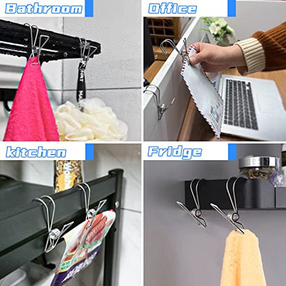 12+2 PCS 304 Stainless Steel Short Tail Hanger Clip with Hook, Durable Hanging Clips, Heavy Duty Multifunctional Hangers Use for Display Storage Items