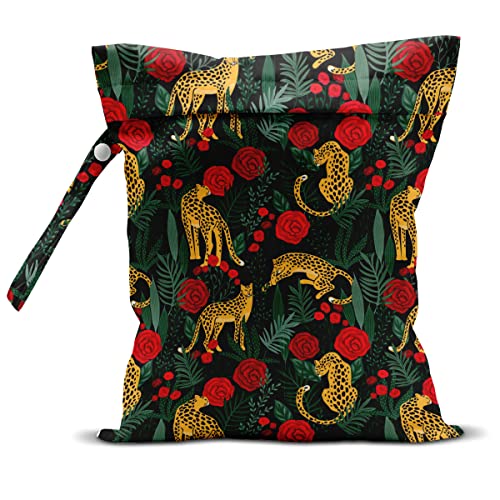 Wet Dry Bag, Wet Bag for Swimsuit, Travel, Beach, Pool, Diapers, Dirty Gym Clothes, Makeup Bag, Camping Accessories, Waterproof Reusable Jungle Tropical Leaves Cheetah Print - color: Panther and Red Flower