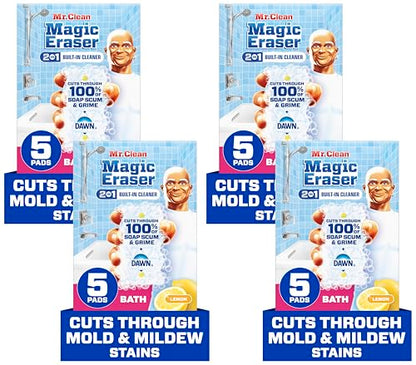 Mr. Clean Magic Eraser Sponge, Bathroom Cleaner, Shower Cleaner, Tub Cleaner, Soap Scum Remover, Bathroom Cleaning Supplies, Dawn Cleaning Power with Lemon Scent, 2 in 1 Bath, 5ct (Pack of 4) - size: 5 Count (Pack of 4), style: Original Version