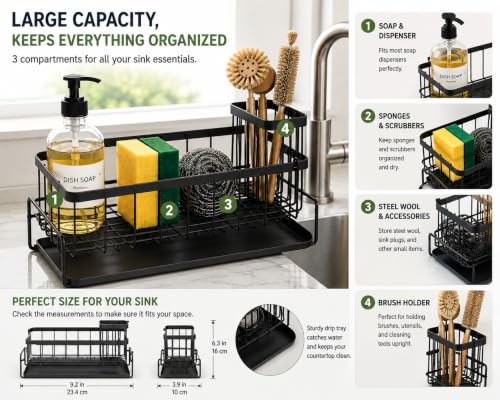 Kitchen Sink Caddy Organizer with Removable Drain Tray, Rustproof Sponge Holder for Kitchen Counter, Carbon Steel Organizer for Soap Dispenser, Scrub Brush & Cleaning Accessories.