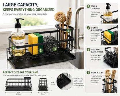 Kitchen Sink Caddy Organizer with Removable Drain Tray, Rustproof Sponge Holder for Kitchen Counter, Carbon Steel Organizer for Soap Dispenser, Scrub Brush & Cleaning Accessories.