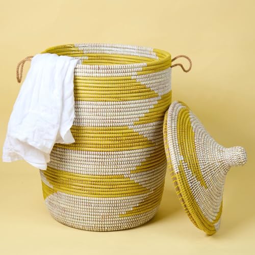 Large Woven Storage Basket, Yellow and White Senegal Wicker Basket for Towels and Blankets, 18" W x 23" H - color: Yellow White