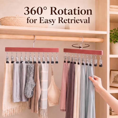 Novabright 2 Pack Cedar Hangers with 12 Clips, 360° Rotating Multi Clip Hangers for Closet, Wooden Hanging Space Saving Organizer for Leggings Pants Jeans Socks Hats Scarves Bras Accessories