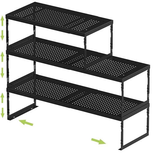 Jojocross Adjustable Stackable Metal Storage Shelf Organizer - Expandable Wire Rack with Perforations for Kitchen, Pantry, Bathroom, Cabinet & Office-Compact, Durable & Sturdy (3PACKS/Medium/Black) - color: 3packs/Medium/Black, size: Medium