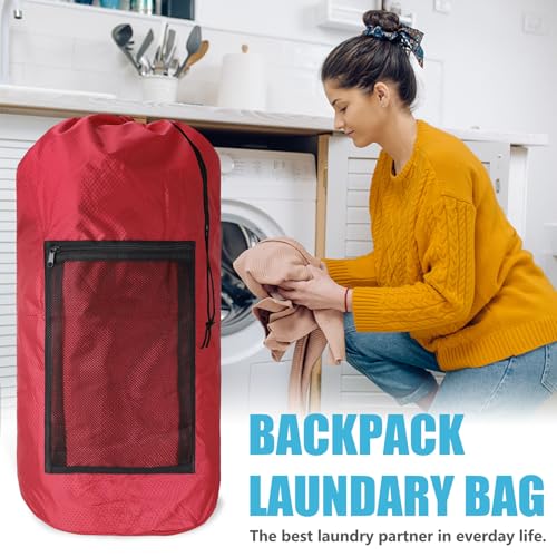 Olosar Laundry Bag Backpack, Extra Large Travel Laundry Bag with Mesh Pocket & Adjustable Shoulder Straps,Dirty Clothes Travel Bag for College Students Dorm,Apartment（Red） - color: Red, size: 1Pack