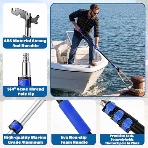 Boat Brush and Boat Hook with 12ft Telescoping Pole, 4 Piece Cleaning Kit with Replaceable Heads, 2-in-1 Window Squeegee & Cobweb Duster for Marine, Rv & High Reach Cleaning - size: 12ft