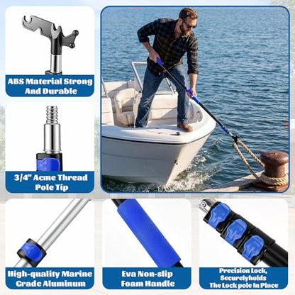 Boat Brush and Boat Hook with 12ft Telescoping Pole, 4 Piece Cleaning Kit with Replaceable Heads, 2-in-1 Window Squeegee & Cobweb Duster for Marine, Rv & High Reach Cleaning - size: 12ft