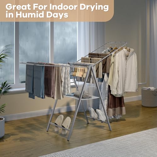 APEXCHASER 6 Height Adjustable Clothes Drying Rack with Shoe Slots, Grey - color: Gray