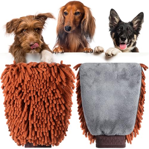 Teenyyou 2 Pcs Dog Towel Chenille Microfiber Pet Grooming Gloves,Brown - color: Brown