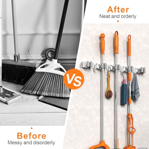 CUXIXA 2 Pack Mop and Broom Holder Wall Mount, Non-slip Broom Hanger Wall Mount, Heavy Duty Mop Broom Organizer for Kitchen Garden Garage Laundry Room Wall Decor Organization and Storage Silver 5R4H - color: Silver, size: 2 Pack 5 Racks with 4 Hooks