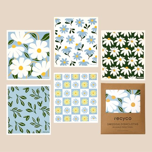 RECYCO Swedish Dishcloths for Kitchen | 5 Pack Daisy Dreams Washable Dish Rags | Cellulose Reusable Cleaning Paper Towels | Absorbent Counter Dish Cloth Sponge Kitchen Wipes, 8" L x 7" W - color: Daisy Dreams - 5 Pack