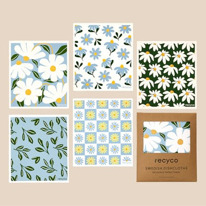 RECYCO Swedish Dishcloths for Kitchen | 5 Pack Daisy Dreams Washable Dish Rags | Cellulose Reusable Cleaning Paper Towels | Absorbent Counter Dish Cloth Sponge Kitchen Wipes, 8" L x 7" W - color: Daisy Dreams - 5 Pack