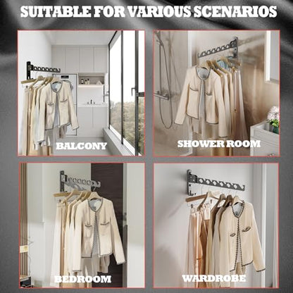 Dr.DJ Wall Mount Coat Hanger Holder Black Clothes Drying Organizer Rack Garment Hooks Aluminium Retractable Folding Indoor Wall Mounted Hanger Space Saver for Laundry Room Bedroom Black 2Pack - color: Black 2racks