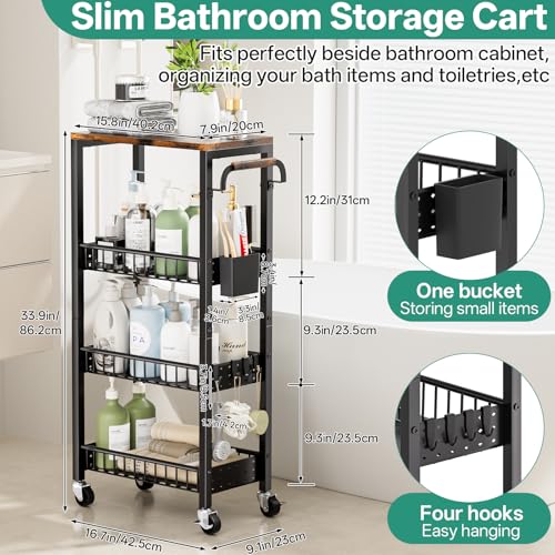 DTUQYX Slim Rolling Storage Cart, 4 Tier Small Organizer Cart with Wheels, Metal Utility Shelf Kitchen Bathroom Laundry Room Organization Trolley with Handle for Narrow Space (9.1" W Metal Basket) - color: Black, size: 7.88"W Metal Wire Basket