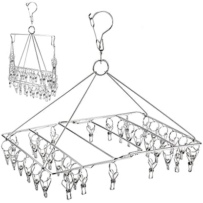 Folding Clothes Drying Hanger 36 Clips Stainless Steel Space-Saving Dryer Rack Washline with Peg for Sock, Underwear, Baby Clothes, Diapers and Hanging Small Washes