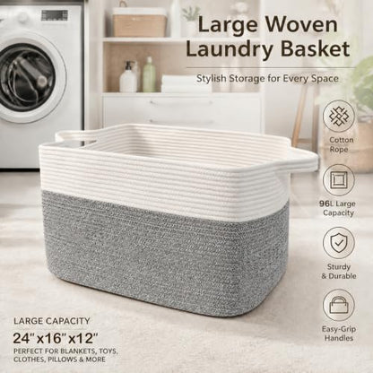 96L Laundry Basket with Handles, Extra Blanket Basket, White/Grey - color: White & Grey, size: 96L