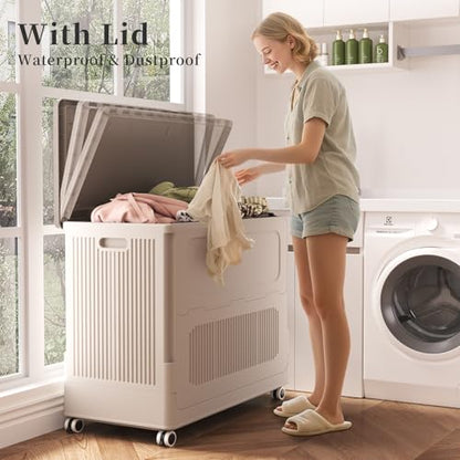 Extra Large Laundry Hamper with Lid Wheels 180L - color: Milky, size: 180L