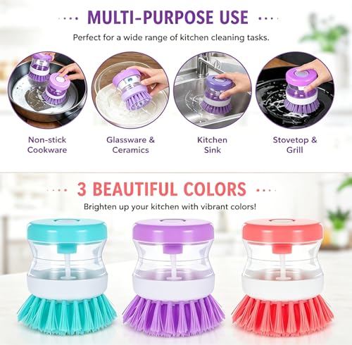 3Pcs Dish Brush with Soap Dispenser Soap Dispensing Brush Washing Utensils Kitchen Scrub for Cleaning Dishes Pot Pan Sink
