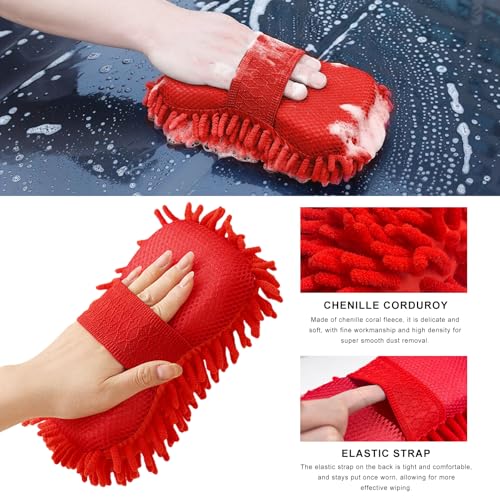 Microfiber Car Wash Sponge, Scratch-Free Vehicle Washing Mitt with Chenille & Mesh Sides, Highly Absorbent Sponge Lint-Free Cleaning Tool for Car Washing & Detailing (Red) - color: Red, 1 Pcs