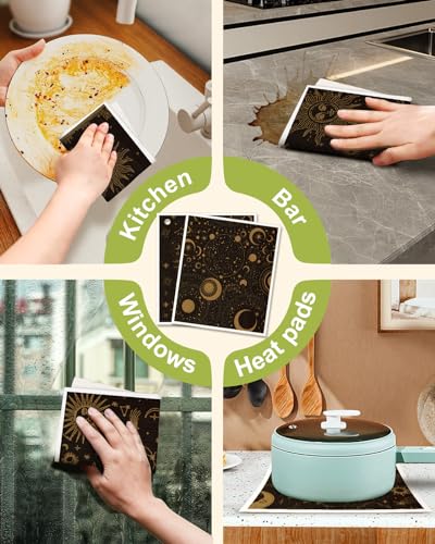 Miss Adola 8 Pack Swedish Kitchen Dishcloths - Absorbent Reusable Dish Towels, Fast Drying, Moon Sun - color: Moon Sun